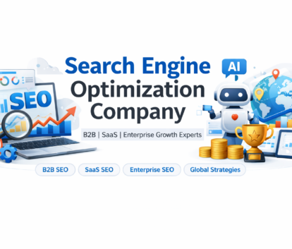 Search engine optimization company banner showing B2B, SaaS and enterprise SEO growth strategy with AI, analytics dashboard and global SEO concept on white background.