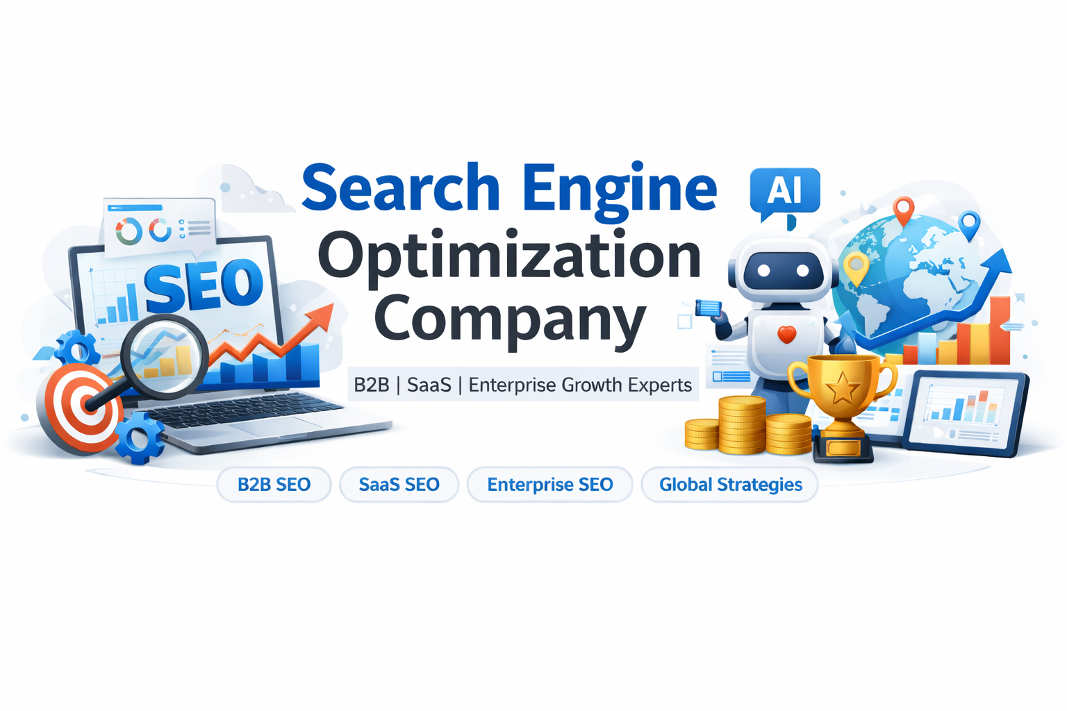 Search engine optimization company banner showing B2B, SaaS and enterprise SEO growth strategy with AI, analytics dashboard and global SEO concept on white background.