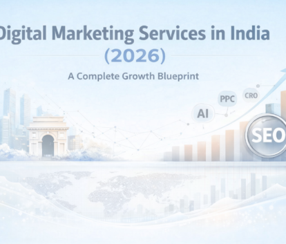 Digital Marketing Services in India 2026 growth blueprint banner with light blue background and SEO analytics elements