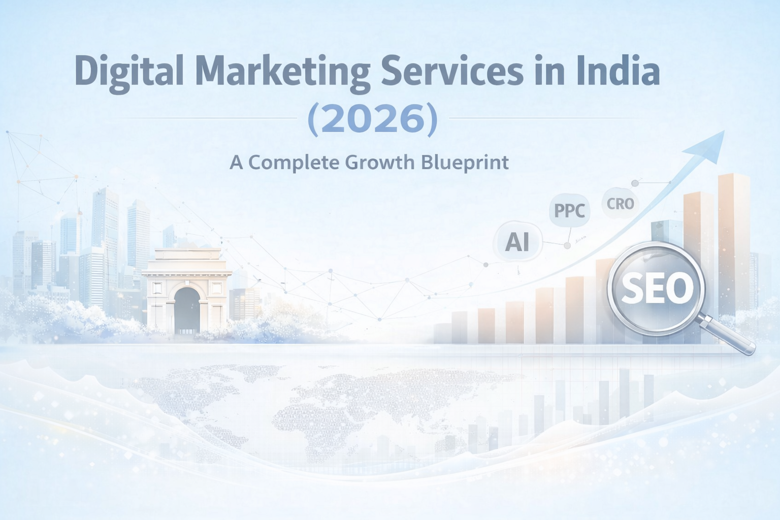 Digital Marketing Services in India 2026 growth blueprint banner with light blue background and SEO analytics elements