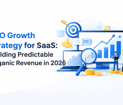 SEO growth strategy for SaaS showing upward analytics chart, search magnifier, and revenue growth illustration on white background
