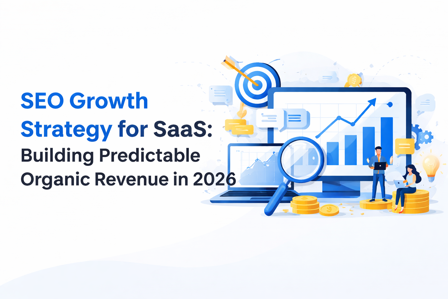 SEO growth strategy for SaaS showing upward analytics chart, search magnifier, and revenue growth illustration on white background
