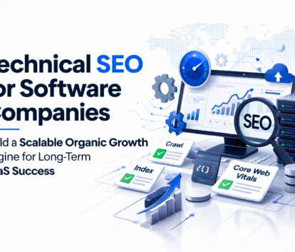 Technical SEO for software companies illustration showing site architecture, crawl and index optimization, Core Web Vitals, and scalable organic growth strategy.