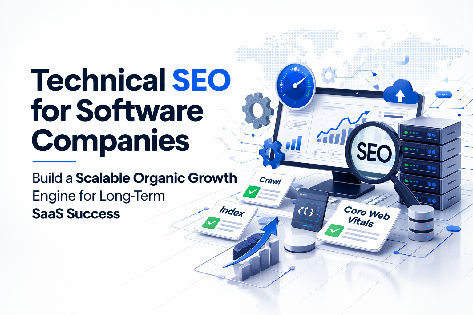 Technical SEO for software companies illustration showing site architecture, crawl and index optimization, Core Web Vitals, and scalable organic growth strategy.
