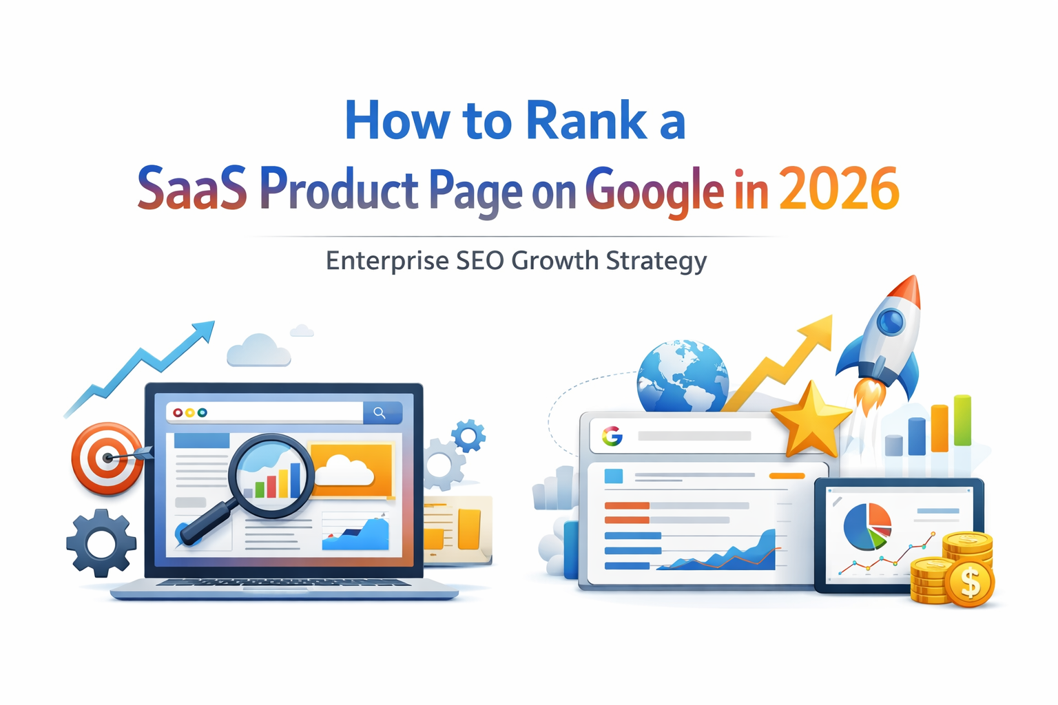 How to rank a SaaS product page on Google in 2026 with enterprise SEO growth strategy, analytics dashboard and search ranking illustration