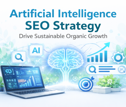 Artificial intelligence SEO strategy visual showing AI-driven search optimization and organic growth analytics