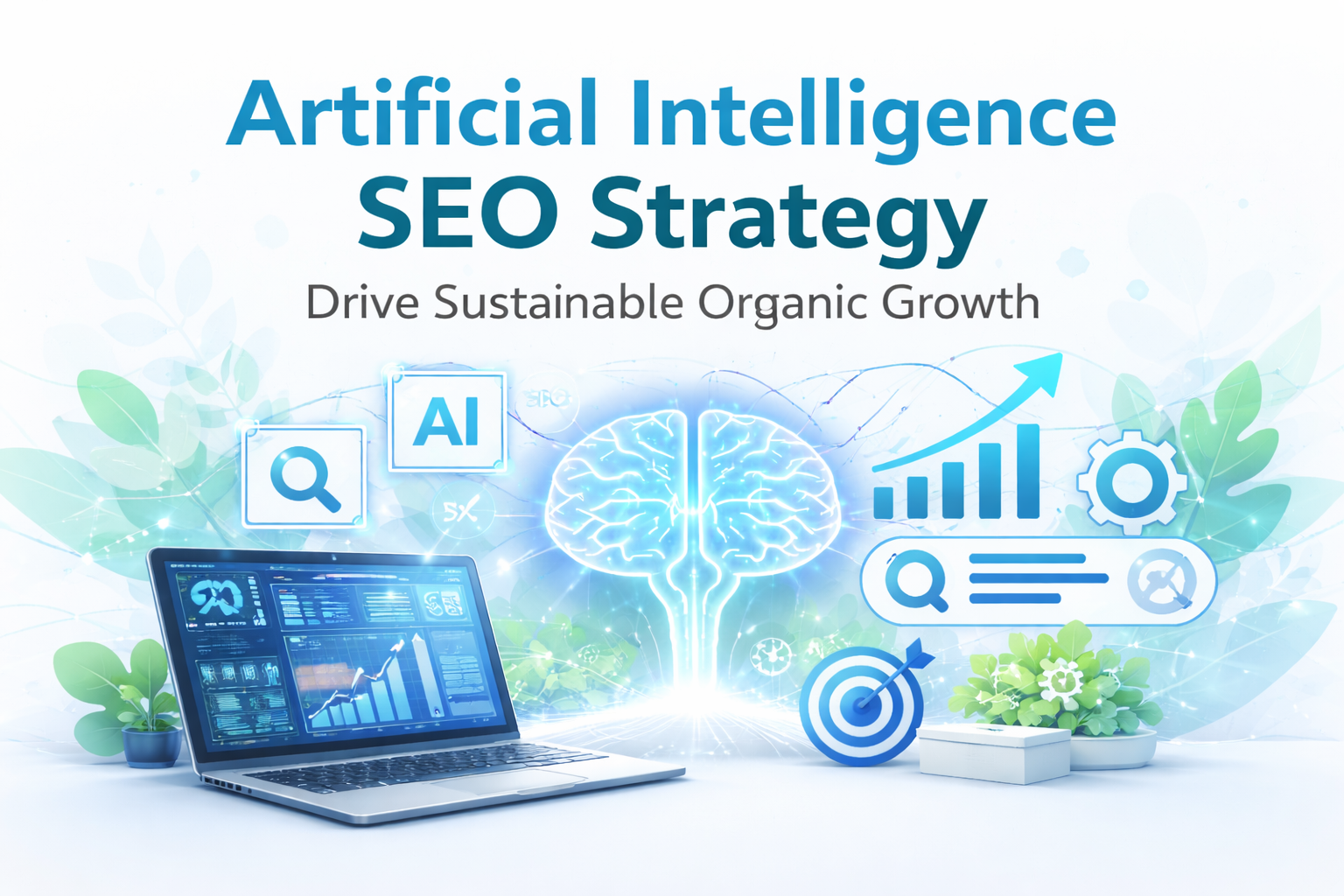 Artificial intelligence SEO strategy visual showing AI-driven search optimization and organic growth analytics