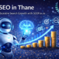AI SEO in Thane featuring an advanced AI robot analyzing search growth and revenue metrics for scalable digital marketing