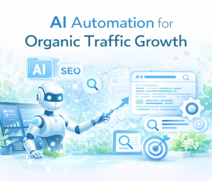 AI automation for organic traffic growth illustration showing automated SEO systems, search optimization interface, and digital workflow elements