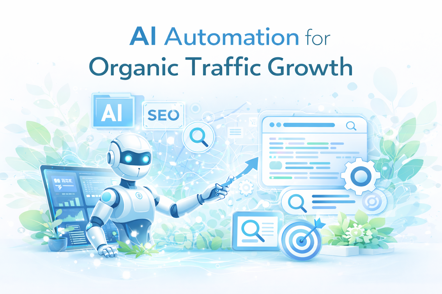 AI automation for organic traffic growth illustration showing automated SEO systems, search optimization interface, and digital workflow elements