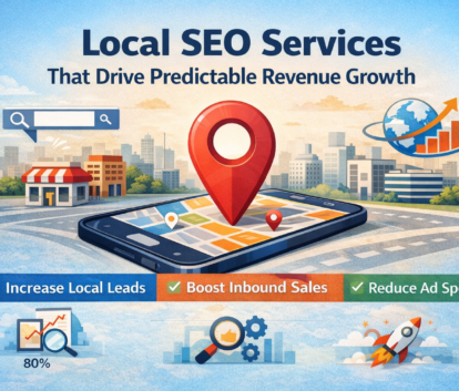 Illustration of local SEO services showing a smartphone with map location pin, city skyline, and growth chart representing revenue-driven local search strategy.