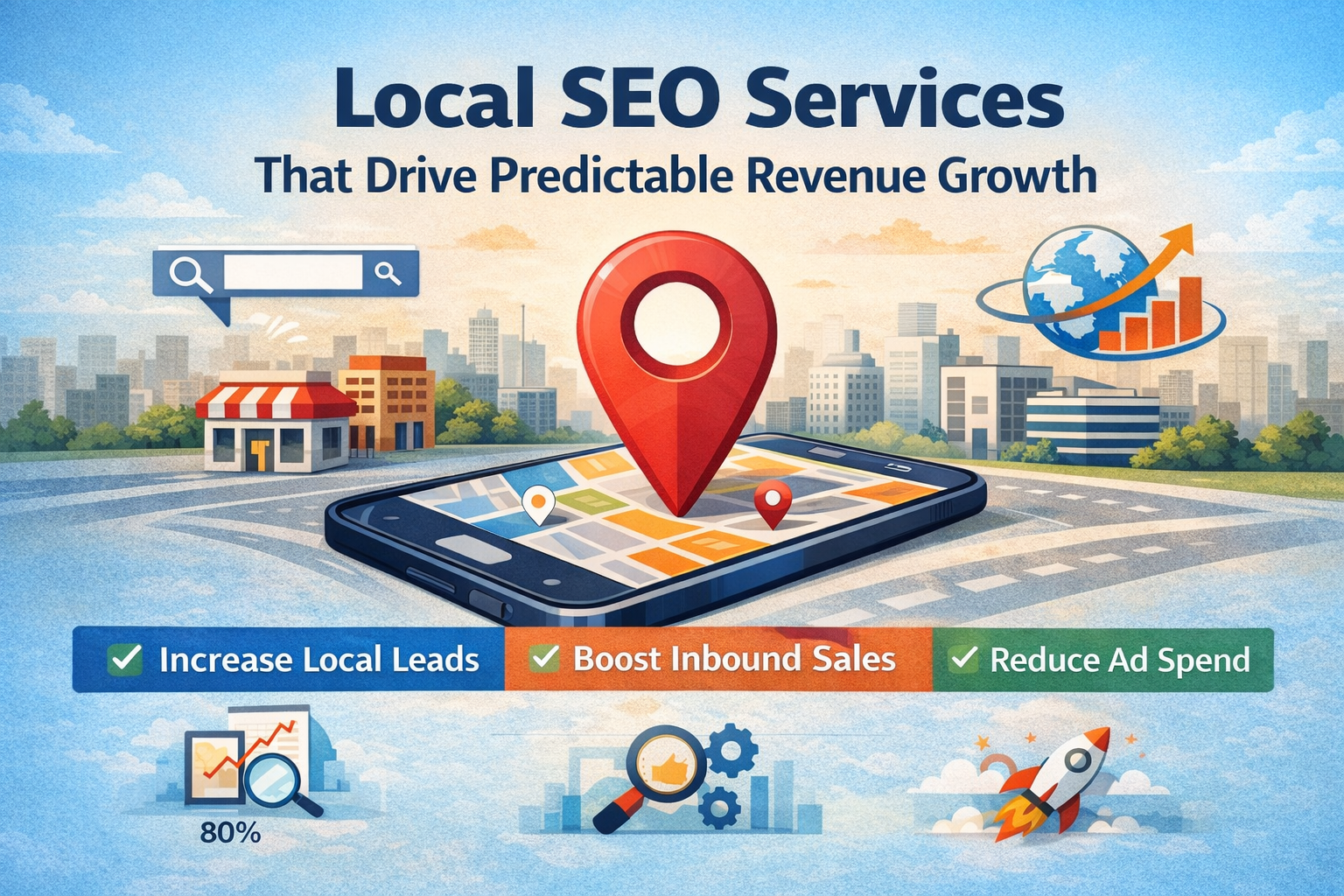 Illustration of local SEO services showing a smartphone with map location pin, city skyline, and growth chart representing revenue-driven local search strategy.
