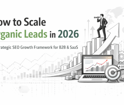 How to scale organic leads in 2026 illustration showing SEO growth strategy with rising analytics charts and upward arrow