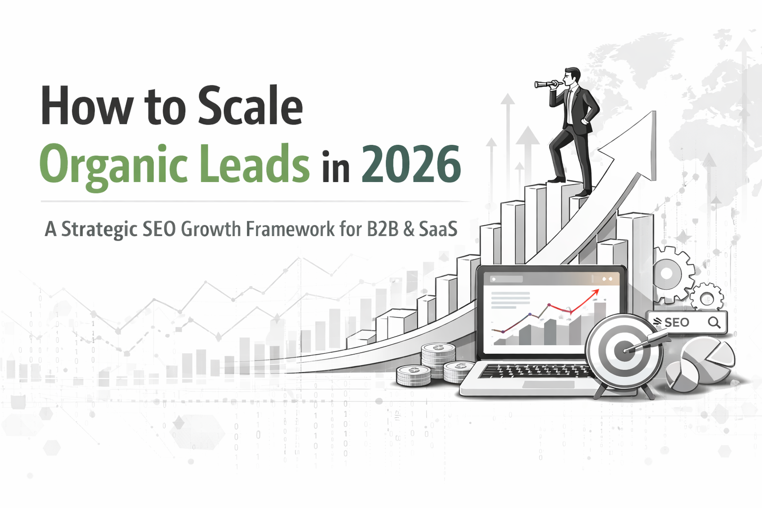 How to scale organic leads in 2026 illustration showing SEO growth strategy with rising analytics charts and upward arrow