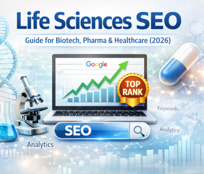 Life sciences SEO strategy illustration for biotech, pharma, and healthcare companies ranking on Google