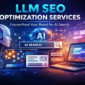 Illustration showing LLM SEO optimization with AI search, semantic entities, structured data, and analytics dashboards