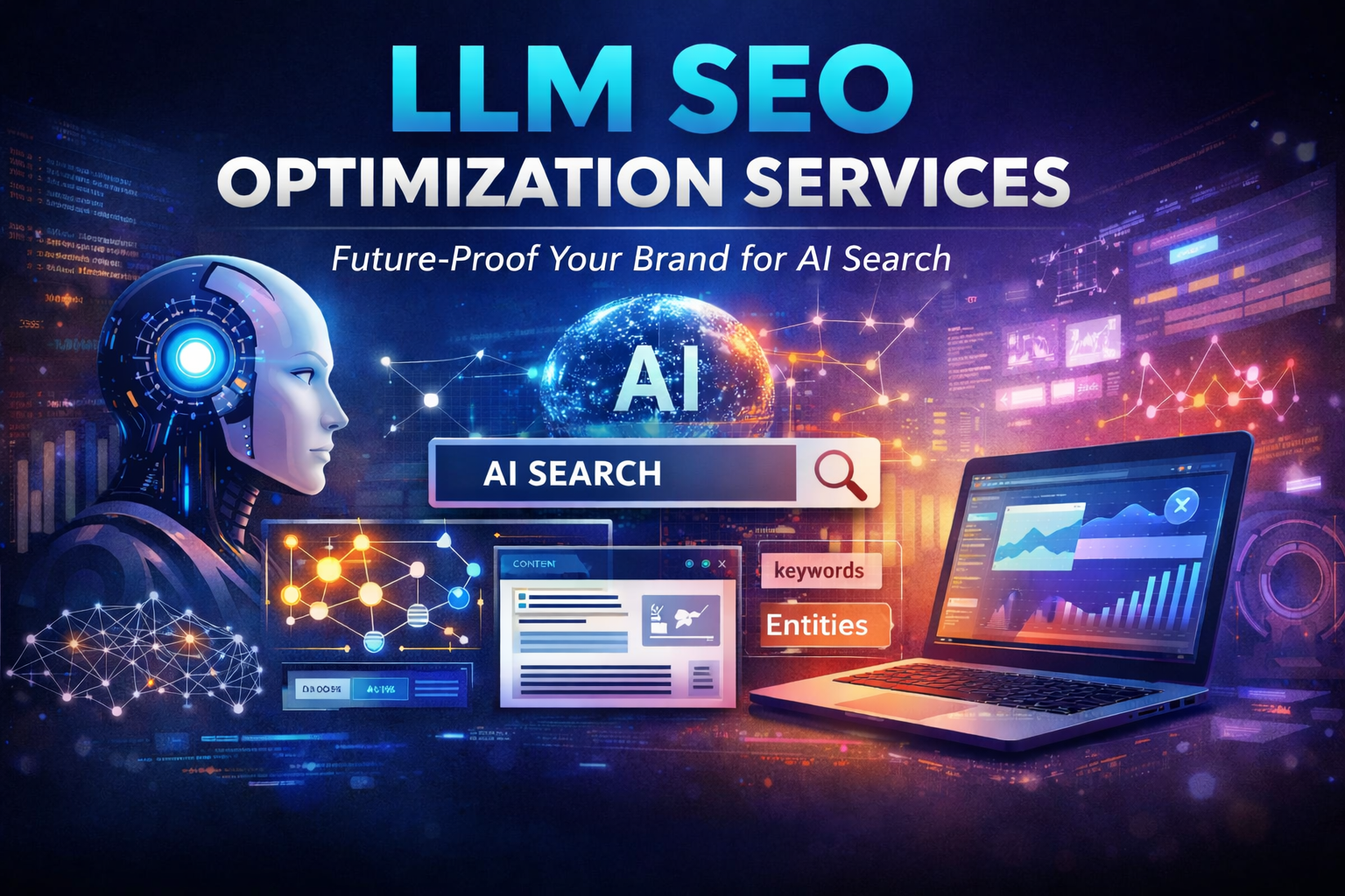 Illustration showing LLM SEO optimization with AI search, semantic entities, structured data, and analytics dashboards
