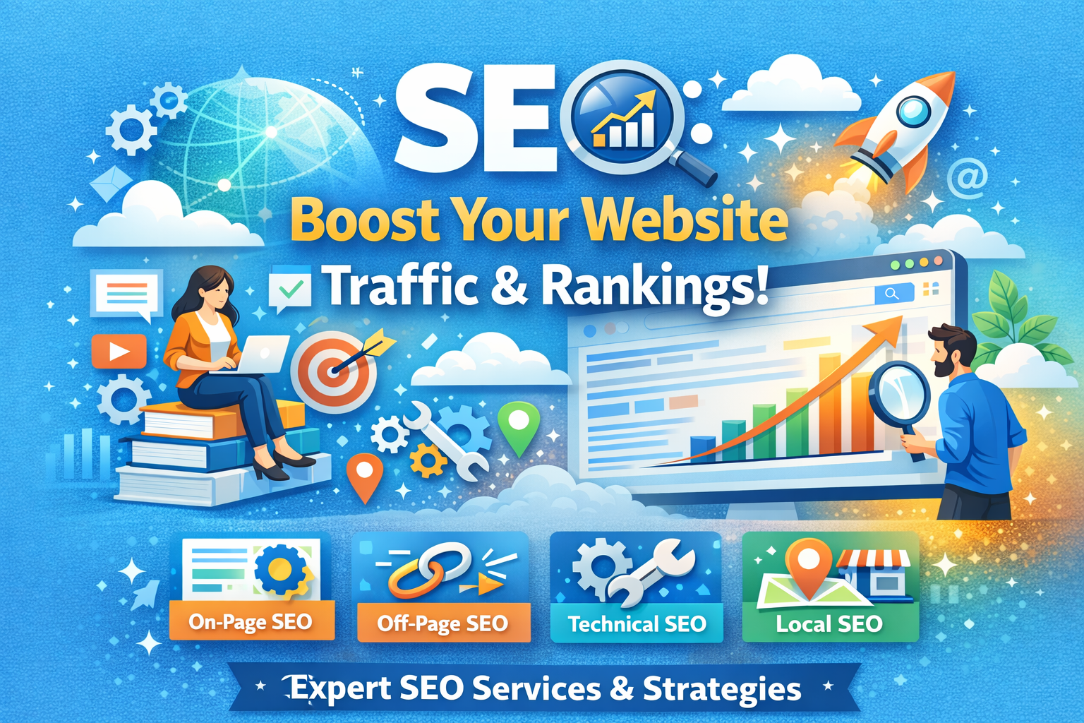 What is SEO illustration showing how search engine optimization improves website traffic, rankings, and online visibility.