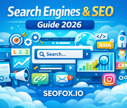 Search engines SEO guide 2026 illustration showing search bar, analytics, and digital marketing tools
