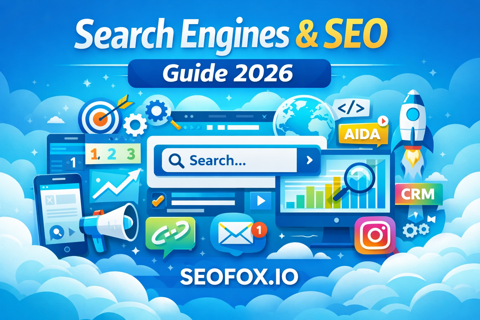Search engines SEO guide 2026 illustration showing search bar, analytics, and digital marketing tools
