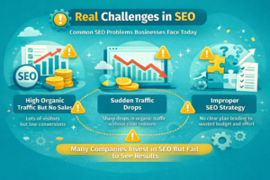 Common SEO problems businesses face including high traffic but no sales, sudden traffic drops, and poor SEO strategy