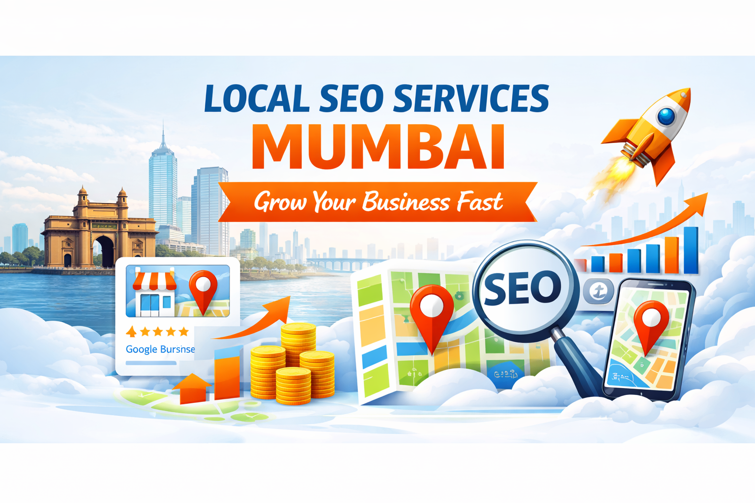 Local SEO services Mumbai illustration showing business growth, Google Maps optimization, and search ranking improvement