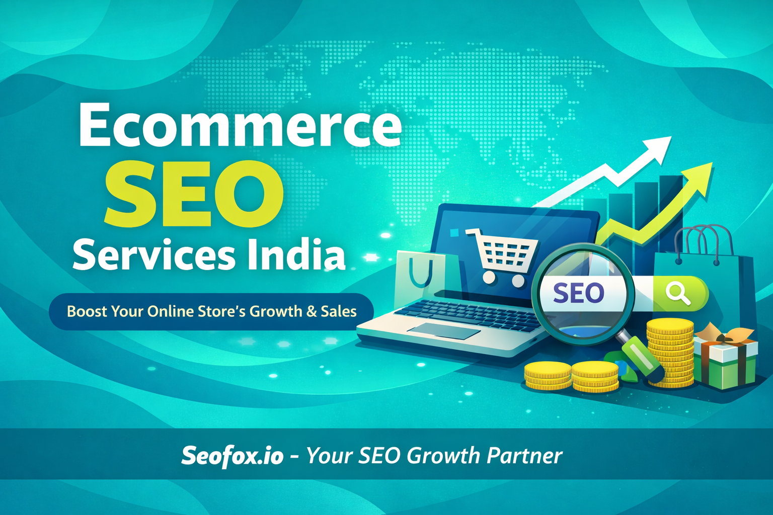 Ecommerce seo services india illustration showing online store growth, product optimization, and search ranking improvement