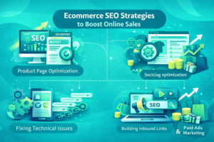 Ecommerce seo services india strategy illustration showing product optimization, technical fixes, and online store growth