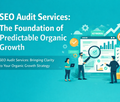 SEO audit services illustration showing website analysis, keyword tracking, and data-driven organic growth strategy