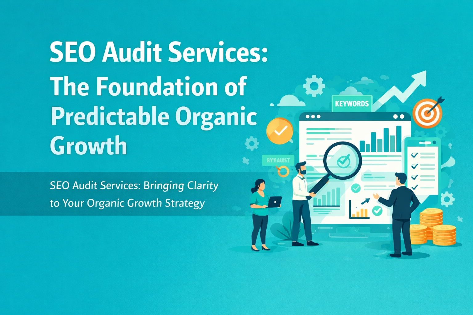 SEO audit services illustration showing website analysis, keyword tracking, and data-driven organic growth strategy