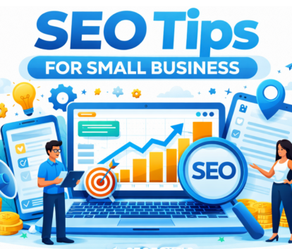 SEO tips for small business illustration with growth chart, laptop dashboard, and digital marketing strategy elements