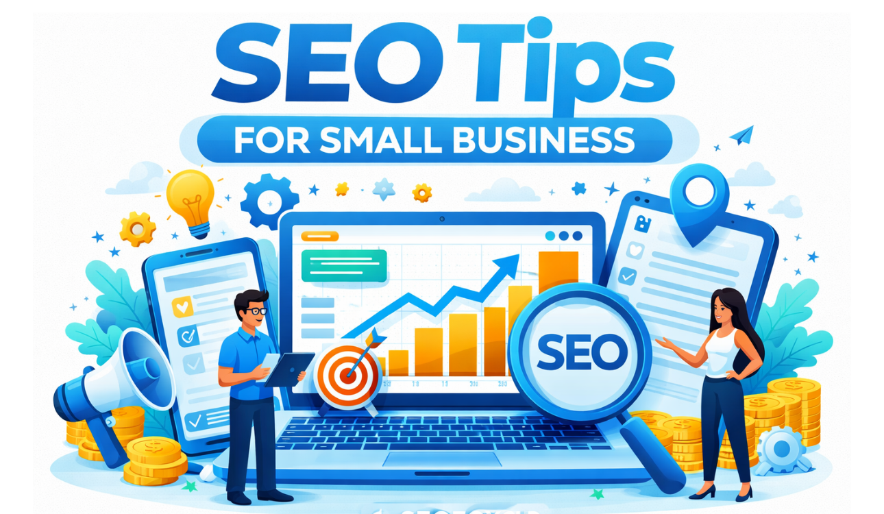 SEO tips for small business illustration with growth chart, laptop dashboard, and digital marketing strategy elements