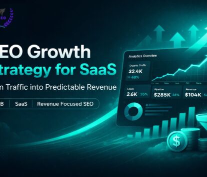 SEO growth strategy for SaaS showing analytics dashboard, revenue growth graph and conversion metrics