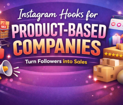 Instagram hooks for product-based companies banner showing bold headline text with shopping cart, smartphone, engagement icons, product boxes, and growth elements on a purple gradient background.
