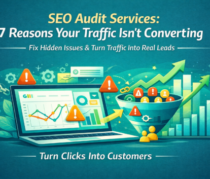 SEO audit services illustration showing traffic analysis, conversion funnel, and turning website visitors into real customers