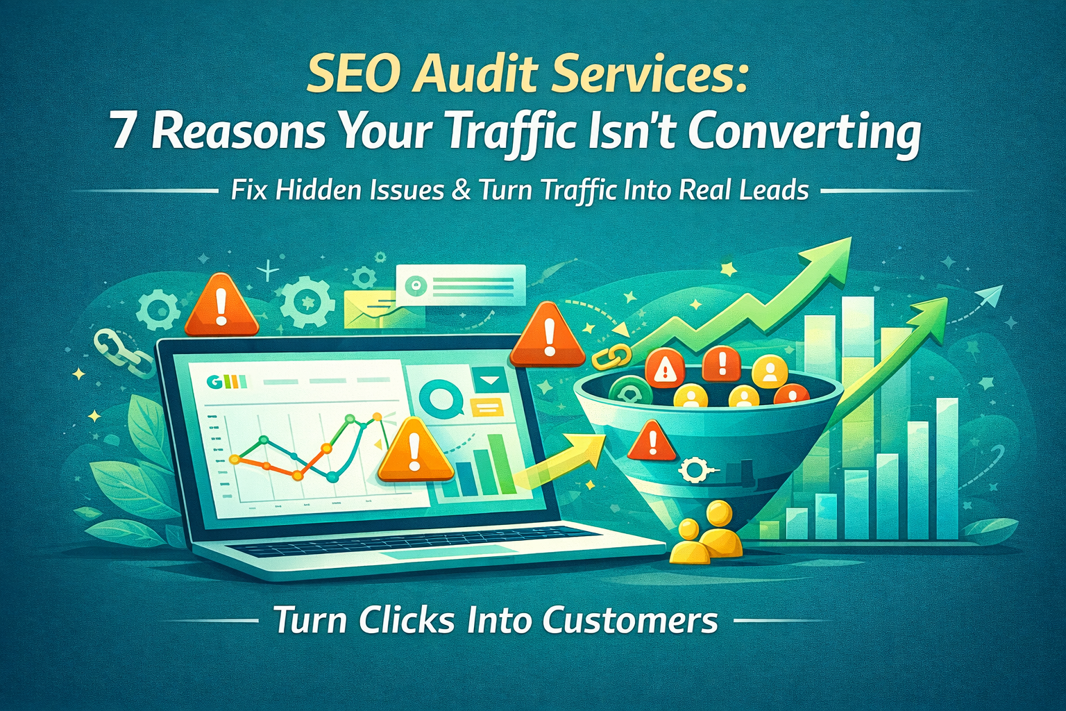 SEO audit services illustration showing traffic analysis, conversion funnel, and turning website visitors into real customers