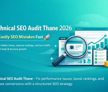 Technical SEO audit illustration showing website analysis, error detection, ranking growth, and performance optimization.