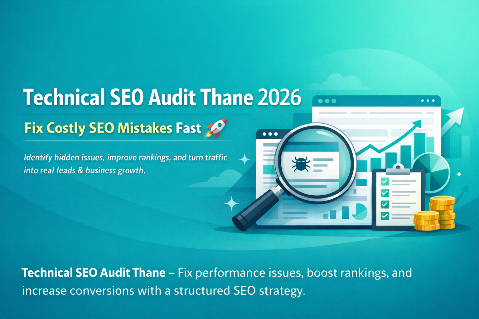 Technical SEO audit illustration showing website analysis, error detection, ranking growth, and performance optimization.