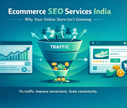 Ecommerce SEO services India illustration showing traffic growth, conversion funnel, and online store optimization for higher sales.