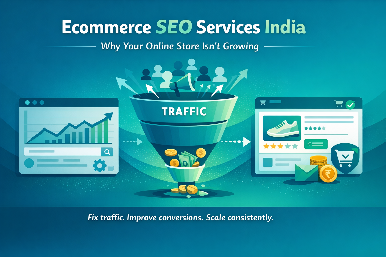 Ecommerce SEO services India illustration showing traffic growth, conversion funnel, and online store optimization for higher sales.