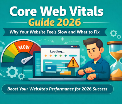 Core Web Vitals Guide 2026 illustration showing slow website loading, performance issues, and optimization concept