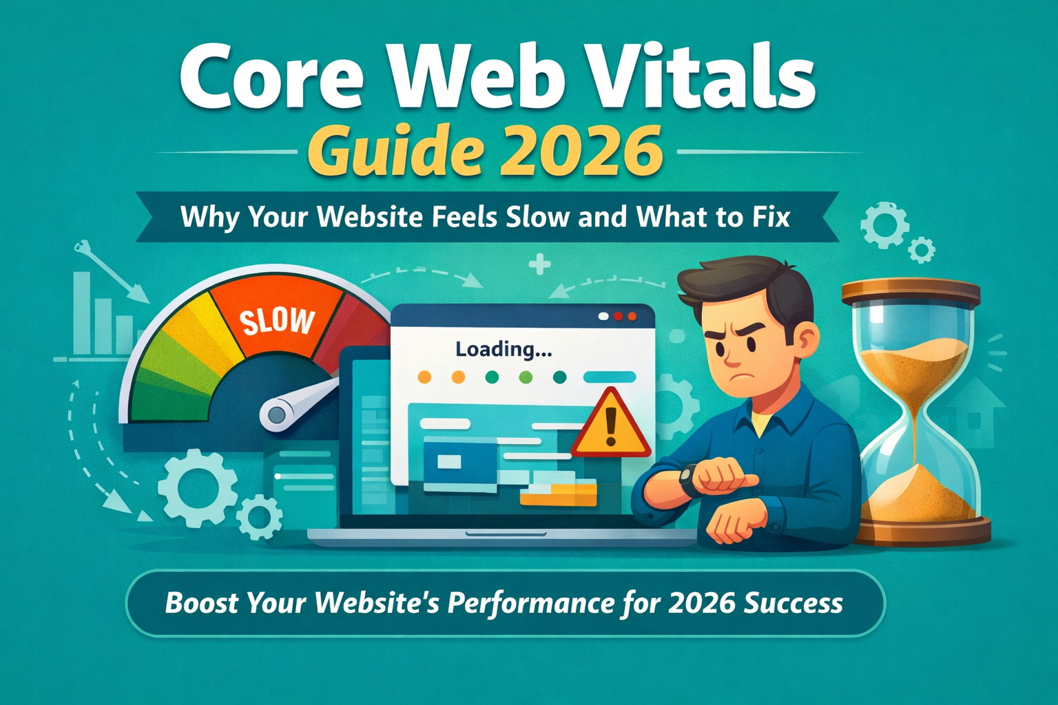 Core Web Vitals Guide 2026 illustration showing slow website loading, performance issues, and optimization concept