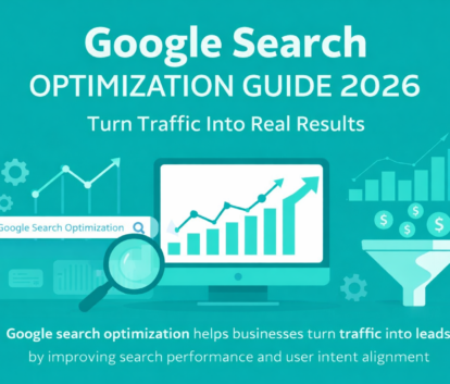 Google search optimization illustration showing SEO performance growth, traffic analysis, and conversion improvement