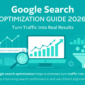 Google search optimization illustration showing SEO performance growth, traffic analysis, and conversion improvement