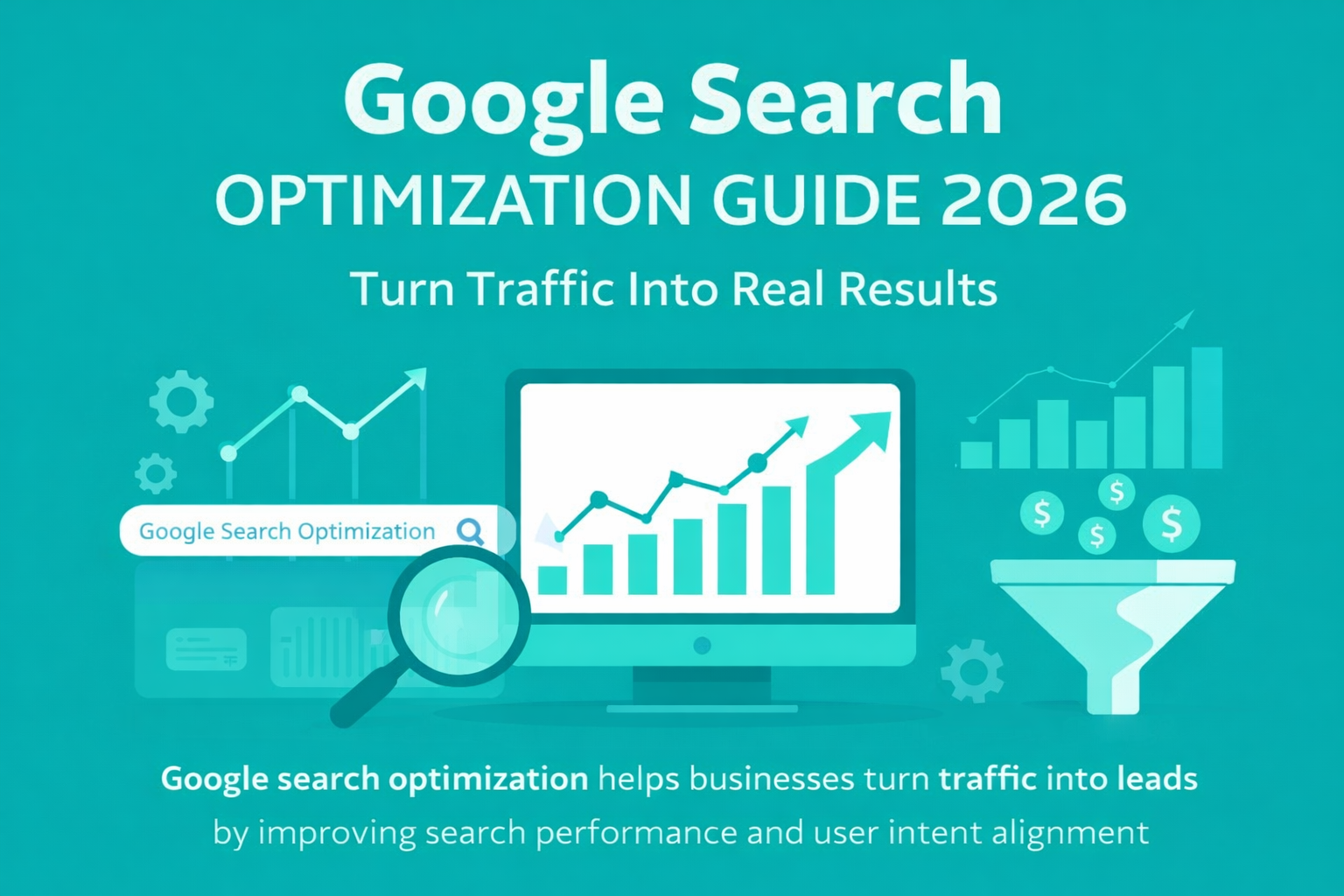 Google search optimization illustration showing SEO performance growth, traffic analysis, and conversion improvement