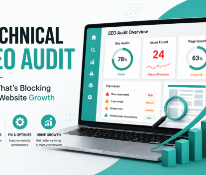 Technical SEO audit illustration showing website performance metrics, issues detection, and growth improvement