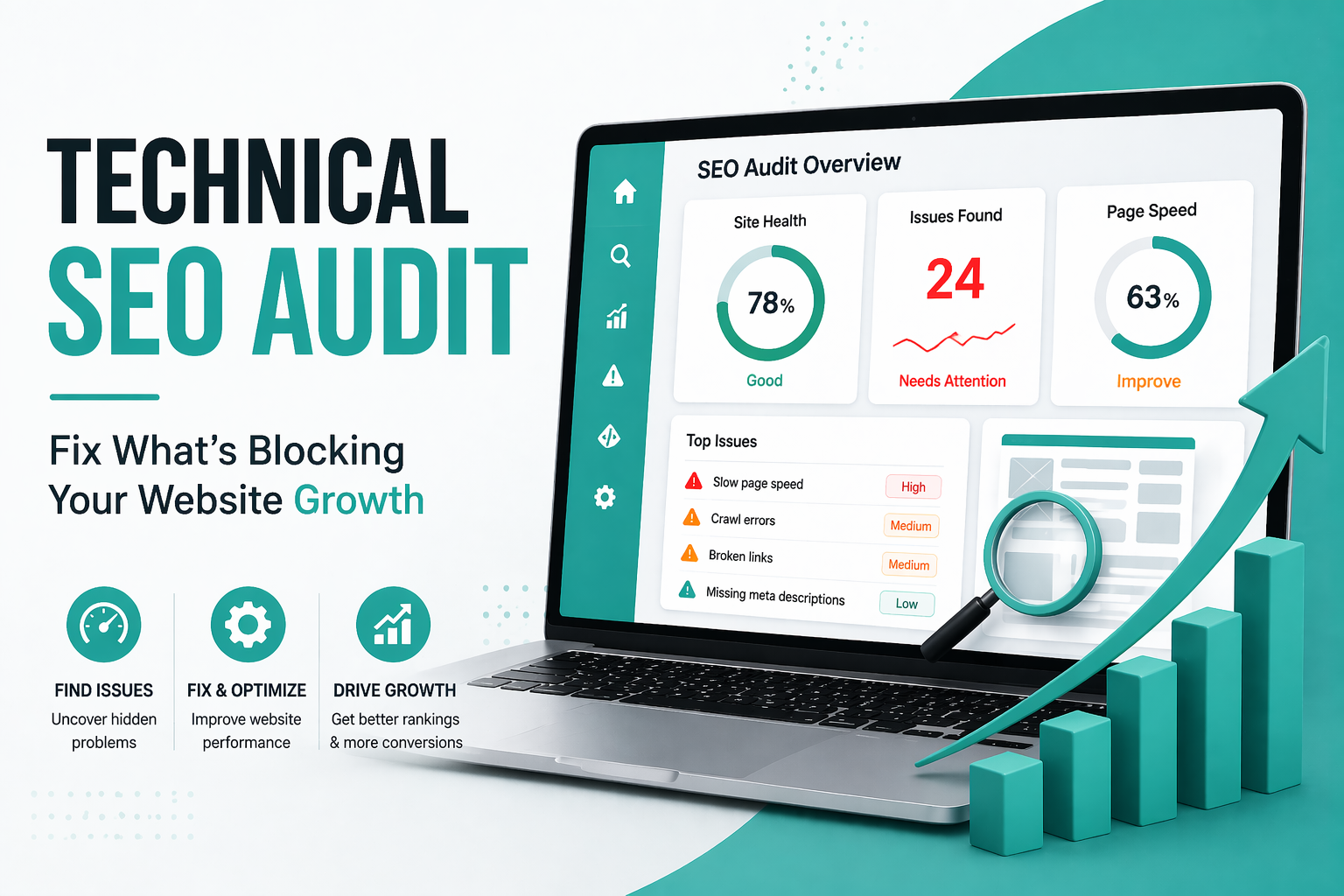 Technical SEO audit illustration showing website performance metrics, issues detection, and growth improvement