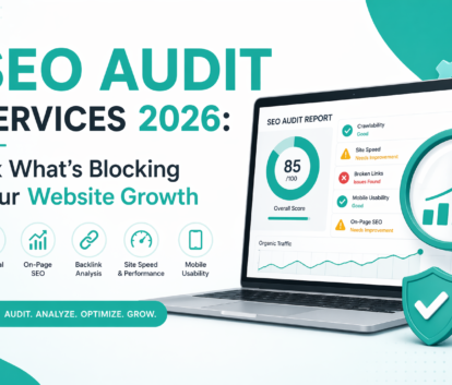 SEO audit services illustration showing website analysis, performance score, and growth optimization elements in a modern teal-themed design.