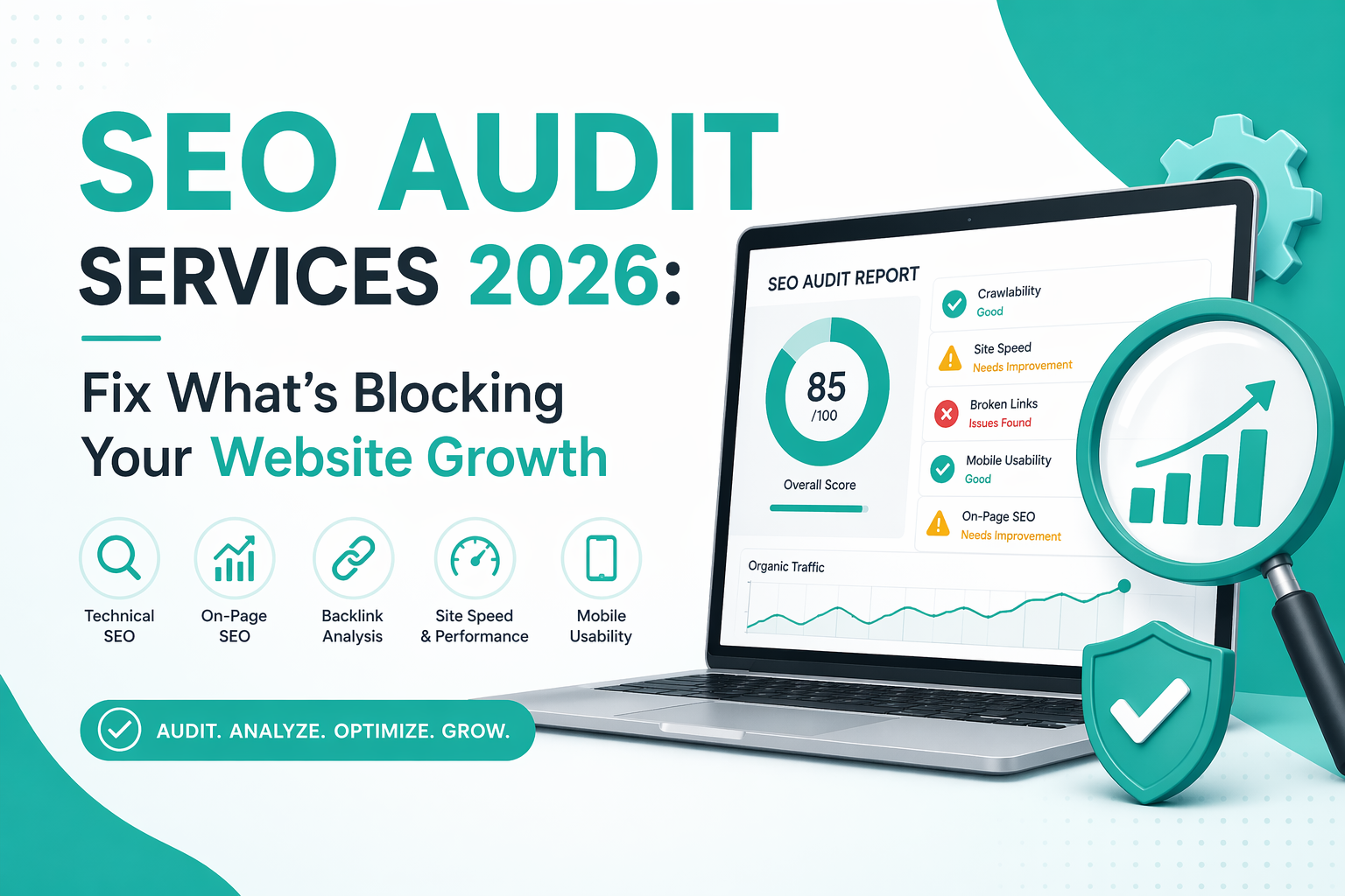 SEO audit services illustration showing website analysis, performance score, and growth optimization elements in a modern teal-themed design.