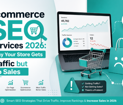 Ecommerce SEO services illustration showing high traffic but low sales with analytics dashboard, shopping cart, and conversion problem concept. Title: